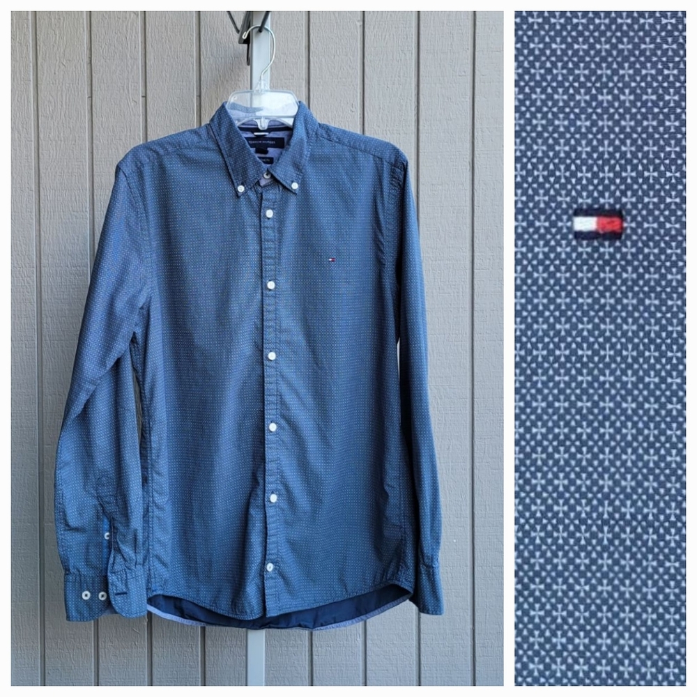 Hilfiger | New York Fit Men's Medium Blue Button-Down Patterned Shirt li…